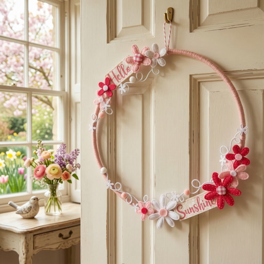 A pink yarn-wrapped wreath with felt flowers and Hello Sunshine signs hangs on a white door.