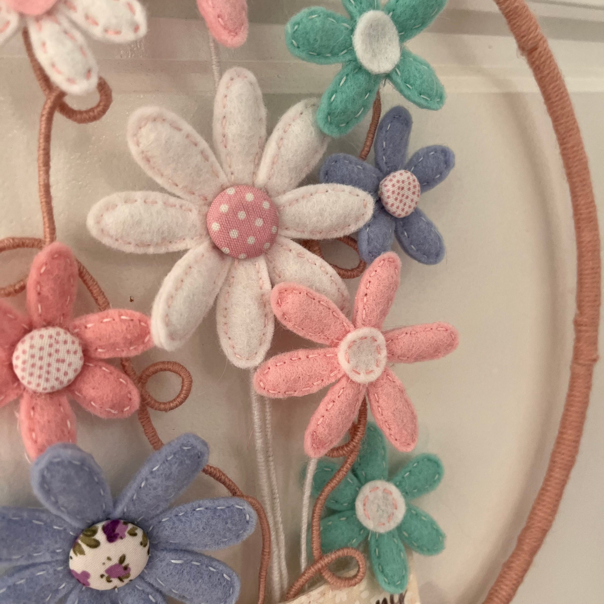 Close-up of a decorative hoop with felt flowers in pink, white, teal, and lavender, with patterned fabric centers.