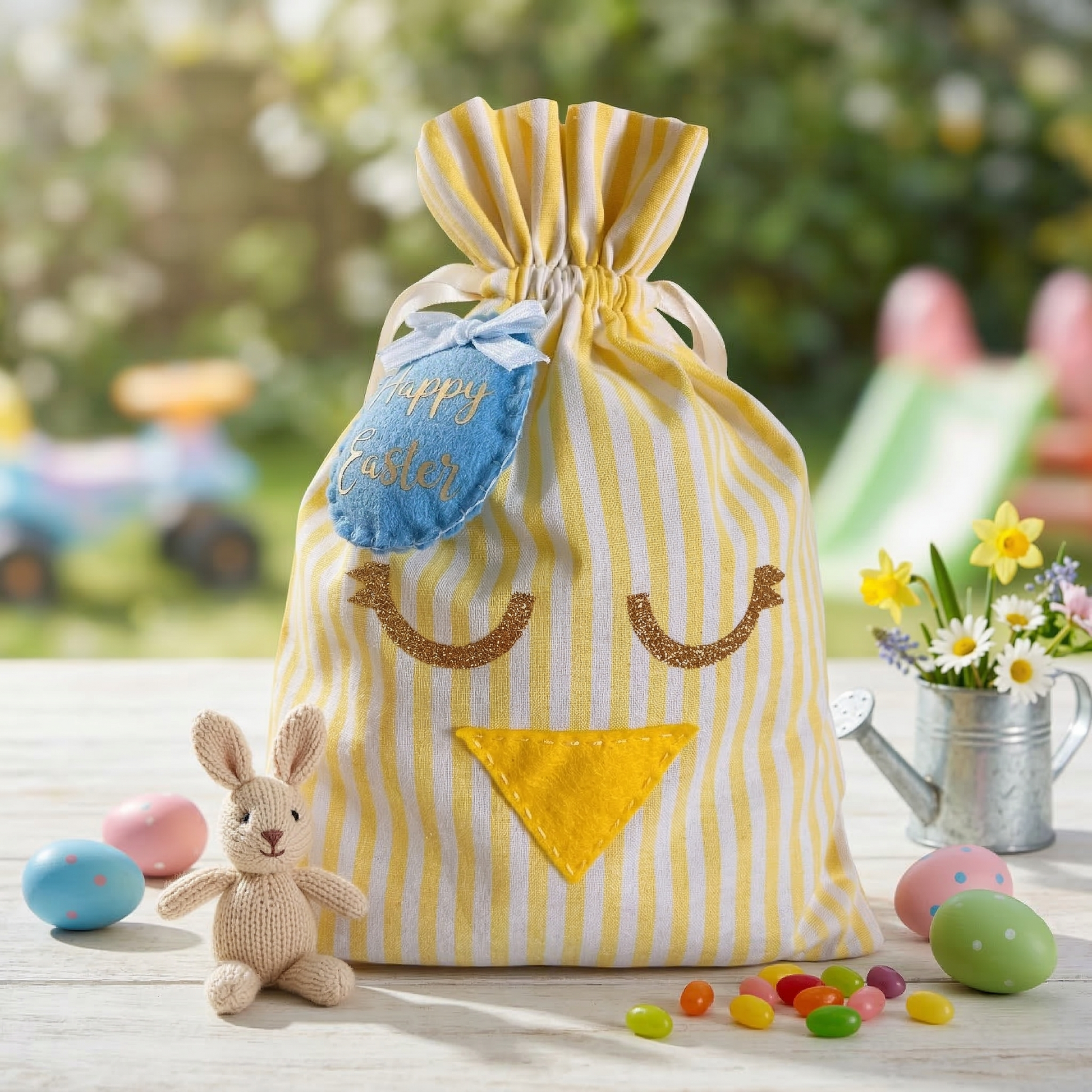 Yellow and white striped drawstring bag with a chick face, next to a knitted bunny, Easter eggs, and jelly beans.