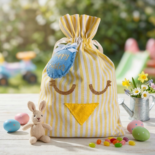 Yellow and white striped drawstring bag with a chick face, next to a knitted bunny, Easter eggs, and jelly beans.