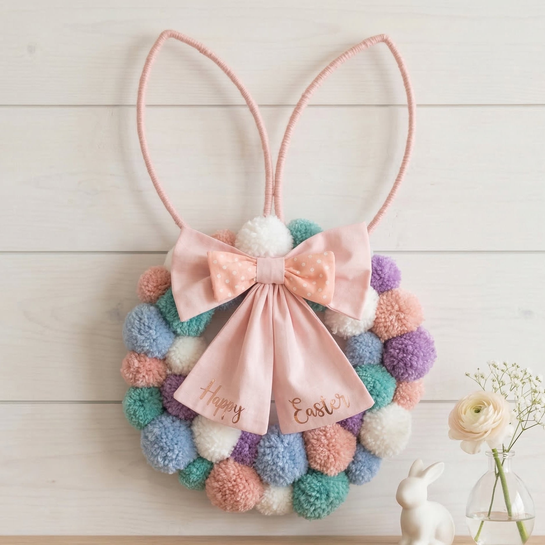 Pastel pom-pom Easter wreath with bunny ears and a pink bow, reading Happy Easter. A white ceramic bunny and flowers are below.