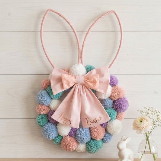 Pastel pom-pom Easter wreath with bunny ears and a pink bow, reading Happy Easter. A white ceramic bunny and flowers are below.