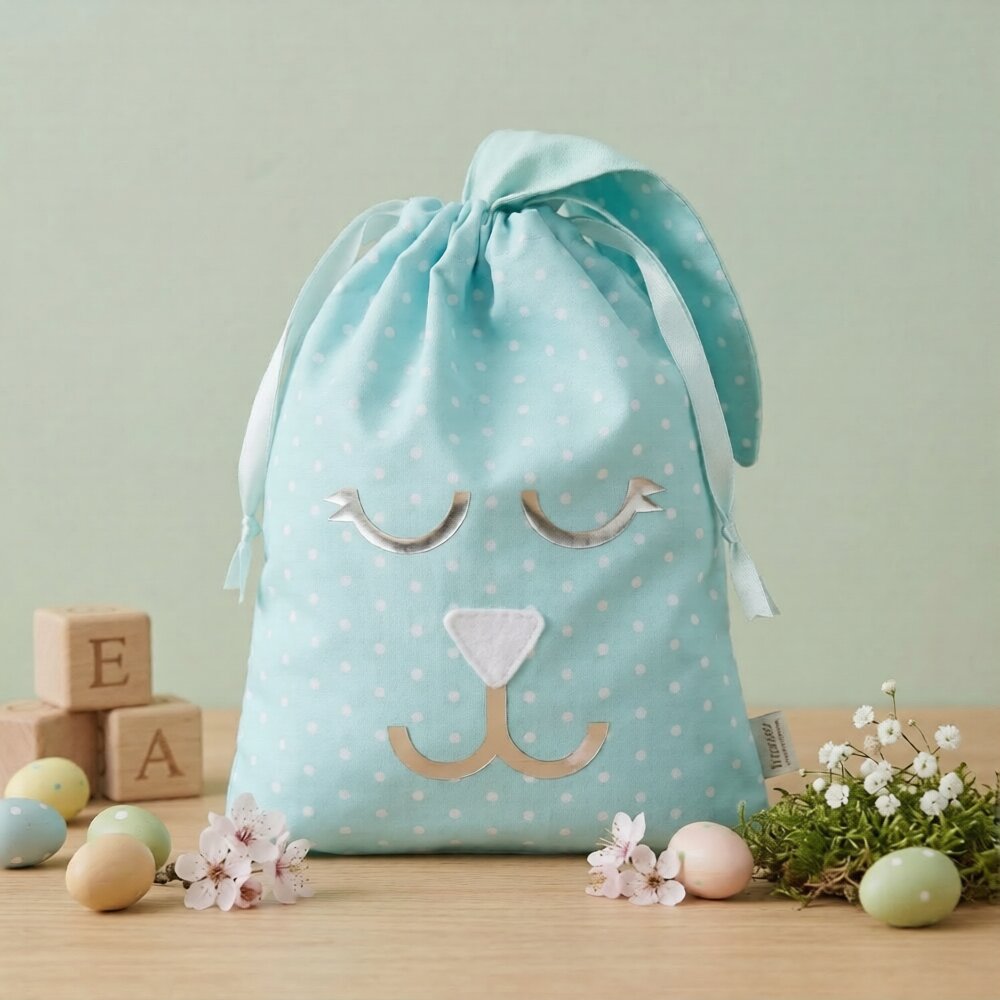 Light blue polka dot drawstring bag with a bunny face design, surrounded by wooden blocks and pastel Easter eggs