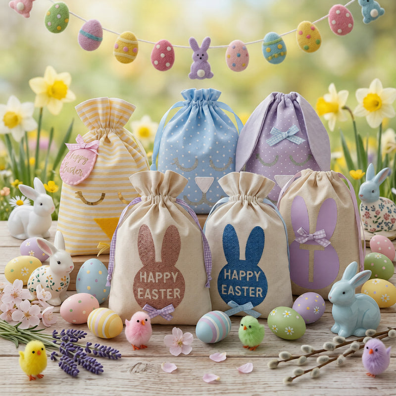 Easter drawstring bags with bunny and chick designs, surrounded by decorative eggs and figurines
