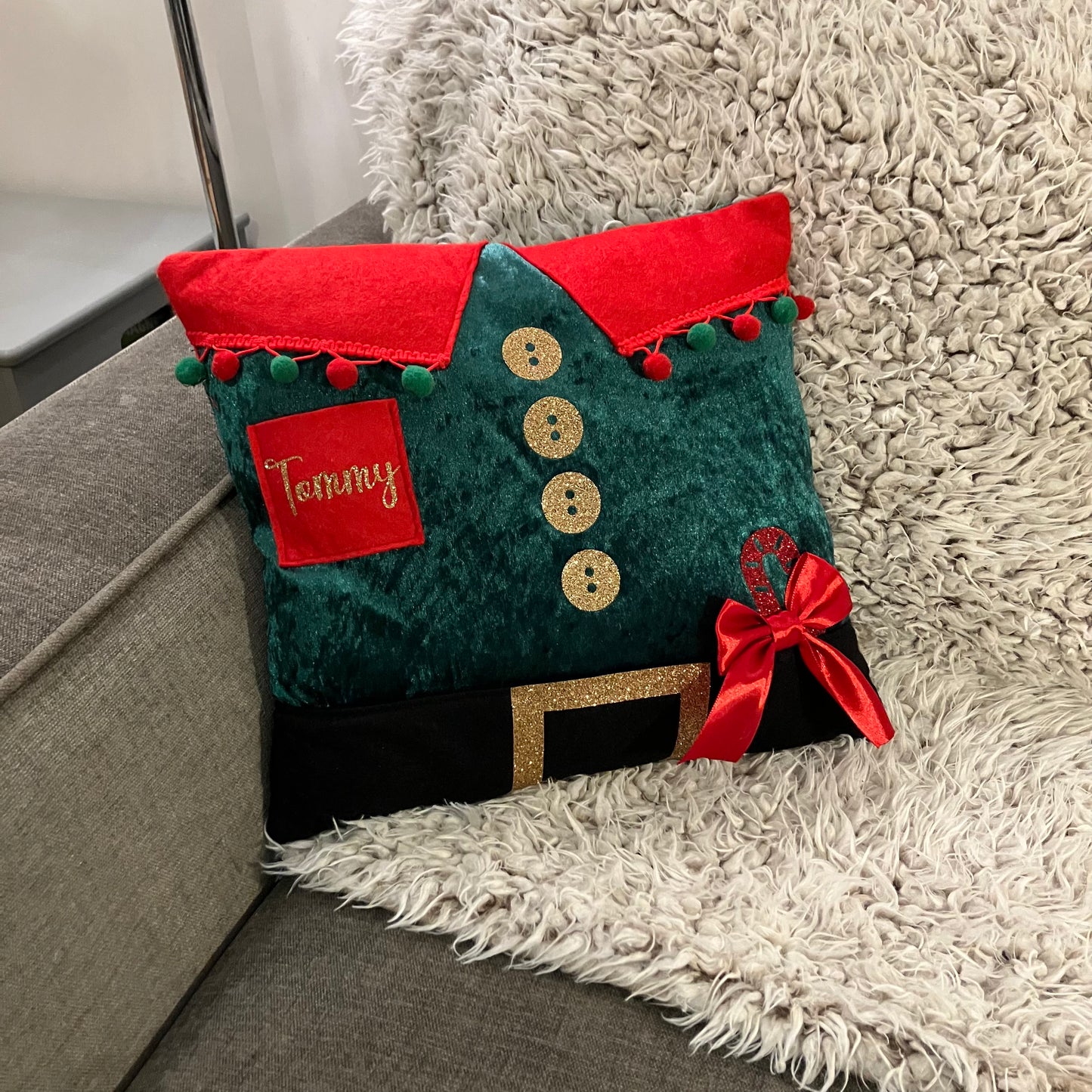 Personalised Elf Jumper Book Cushion