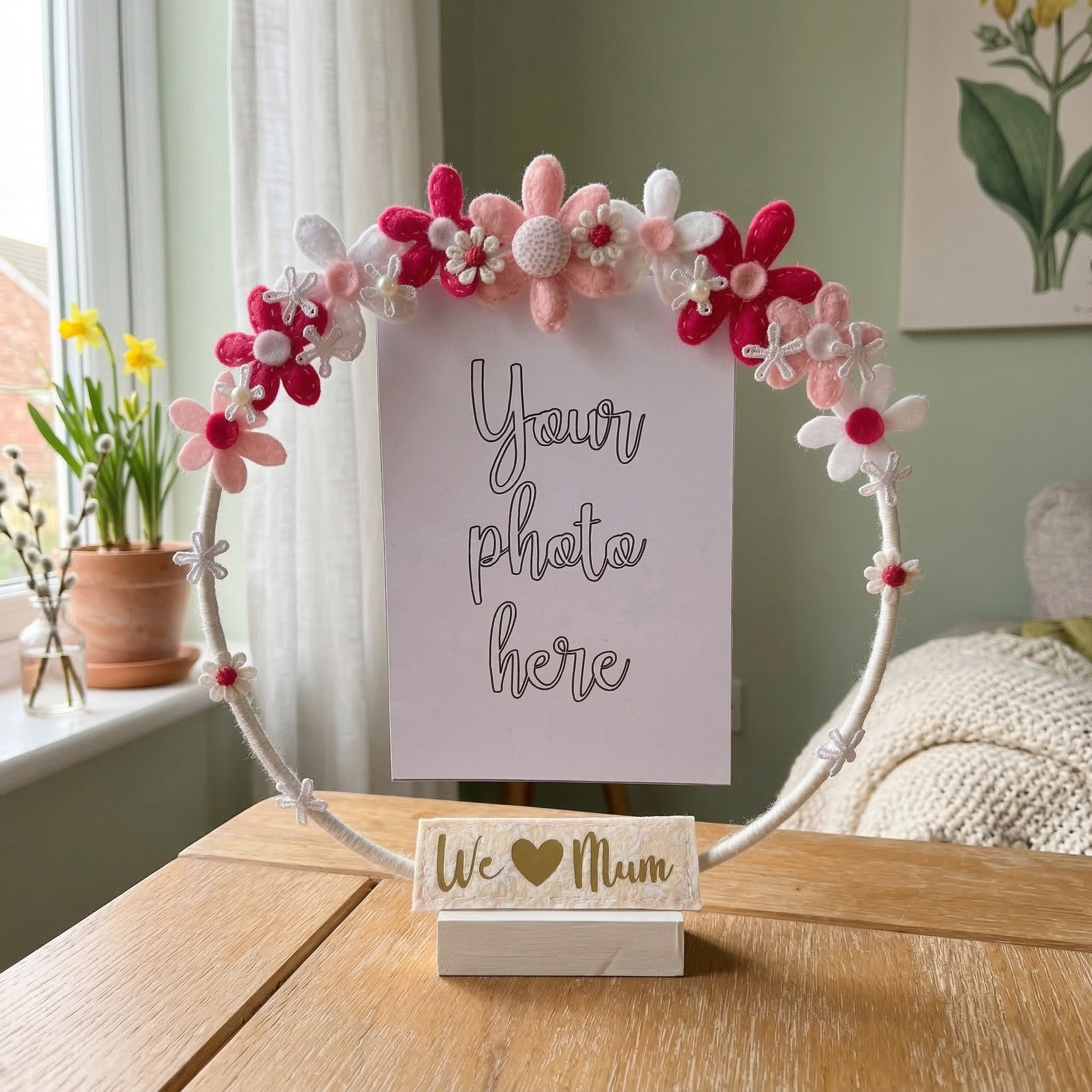 A white hoop photo frame with pink and white felt flowers, standing on a wooden table. We Love Mum is written on the base.