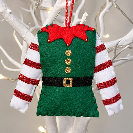 Green elf felt Christmas ornament with red collar and candy cane striped sleeves.