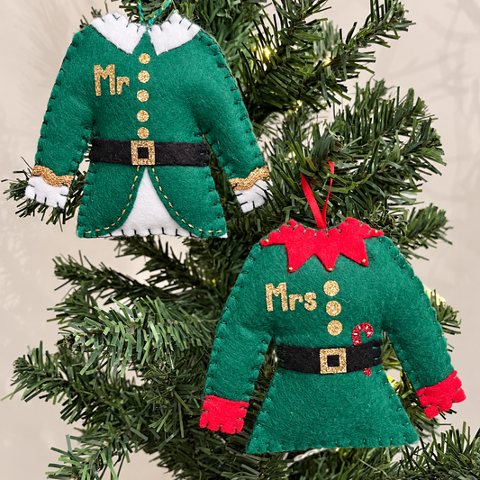 Two felt elf costume ornaments, one 