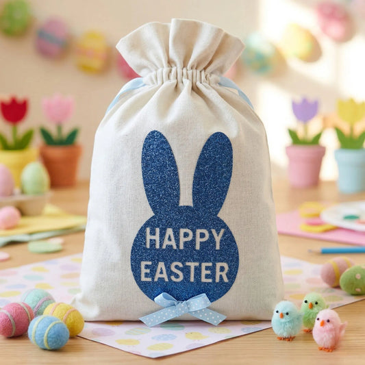 Drawstring bag with a blue glitter bunny and Happy Easter text, surrounded by pastel Easter decorations