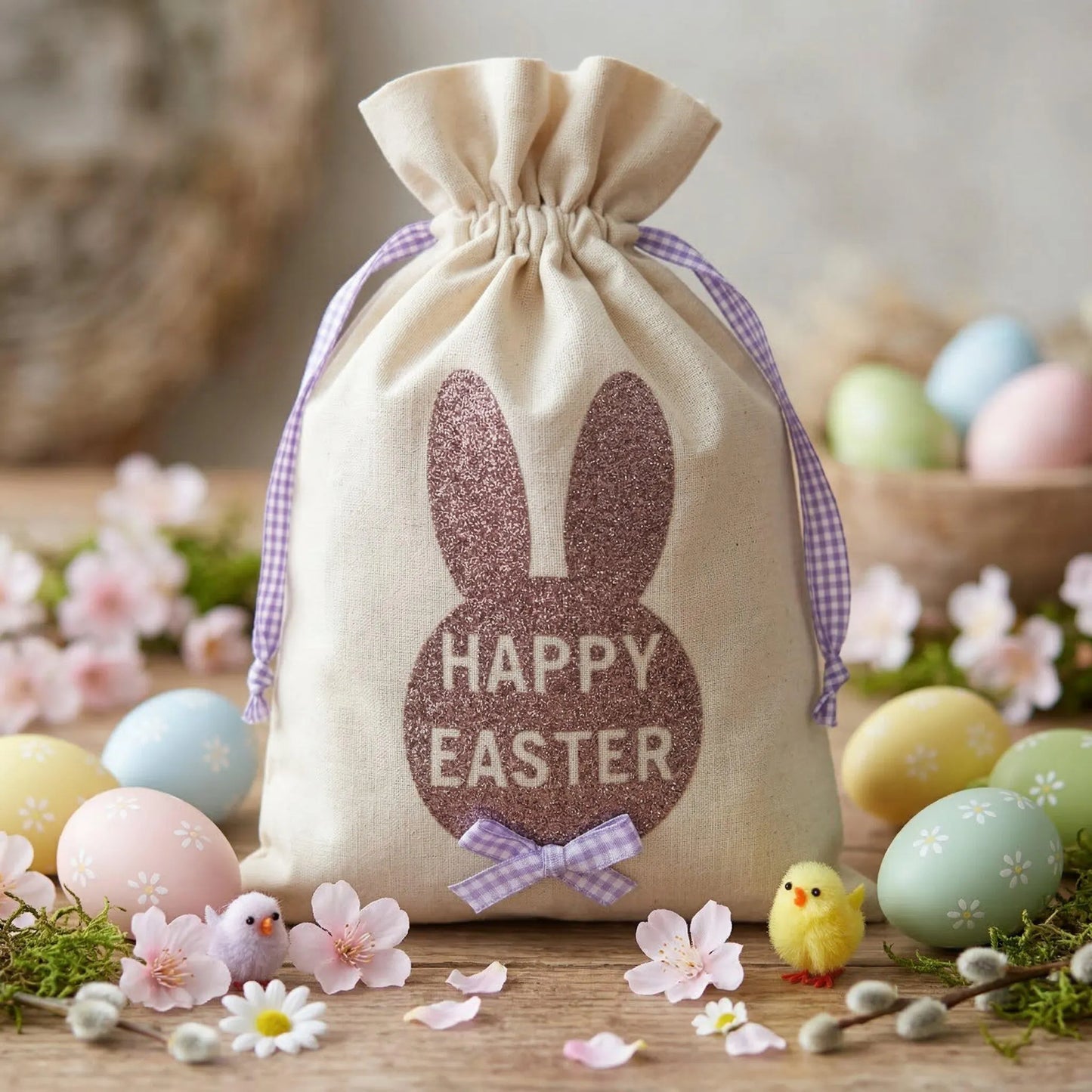 Happy Easter bunny bag with pastel eggs, chicks, and flowers