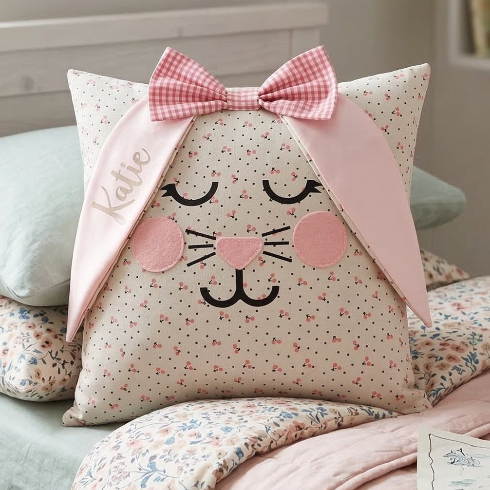 A bunny-shaped pillow with a pink gingham bow and the name Katie embroidered on one ear. It has a dotted pattern.
