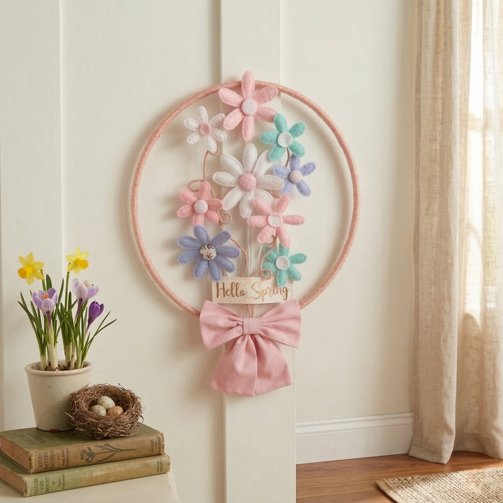 A pink hoop wreath with pastel felt flowers and a Hello Spring sign, next to potted daffodils and crocuses.