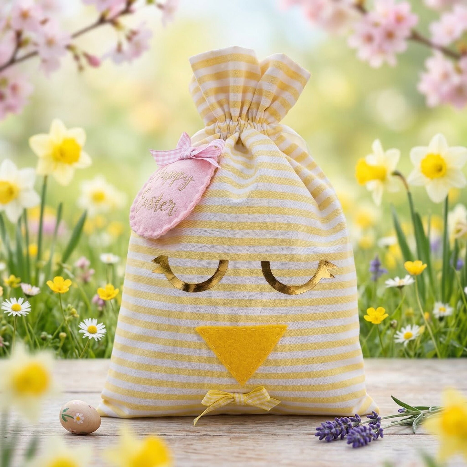 Yellow and white striped fabric bag with a chick face design, pink Happy Easter tag, on a wooden surface with spring flowers.